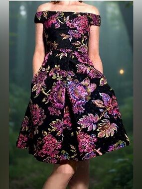 NWT ADRIANNA PAPELL Garden Party Metallic Floral Jacquard Off Shoulder Dress 6